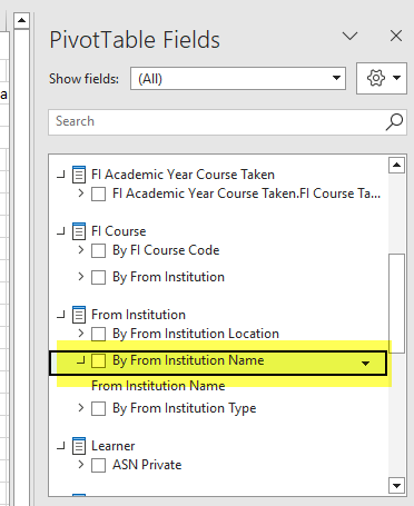 TCA Cube - Example of PivotTable Field Dropdown Filter List